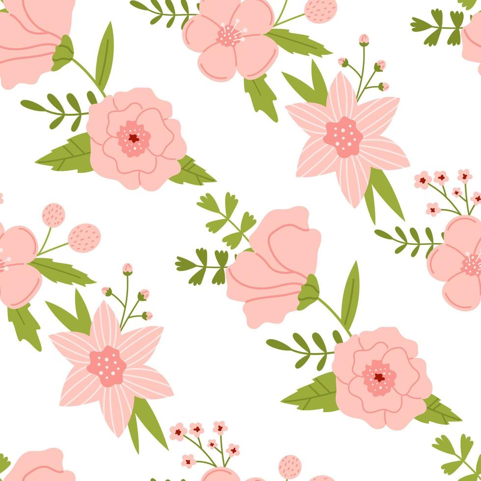 Vector floral seamless pattern. Soft pink flowers on white background. Botanical illustration.