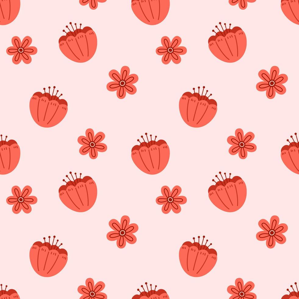 Vector floral seamless pattern. Background with red flowers. Spring botanical pattern. Red flowers in flat design.
