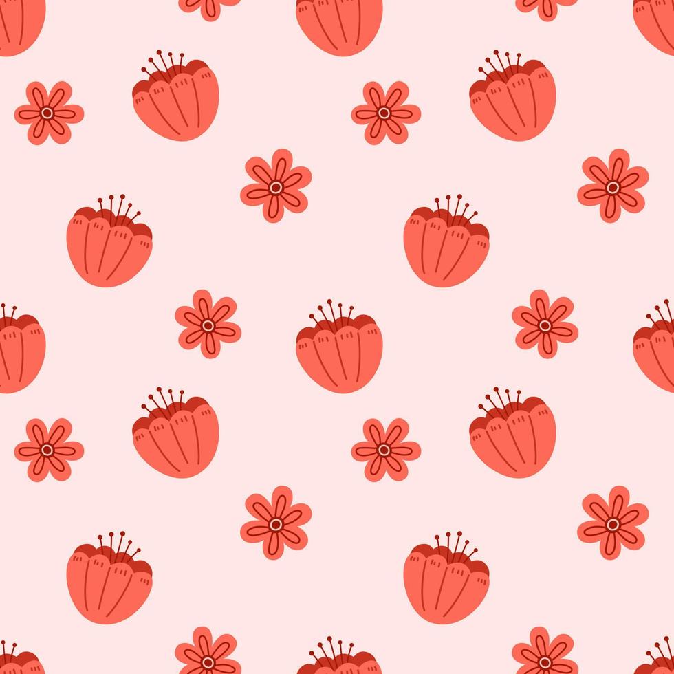 Vector floral seamless pattern. Background with red flowers. Spring botanical pattern. Red flowers in flat design.