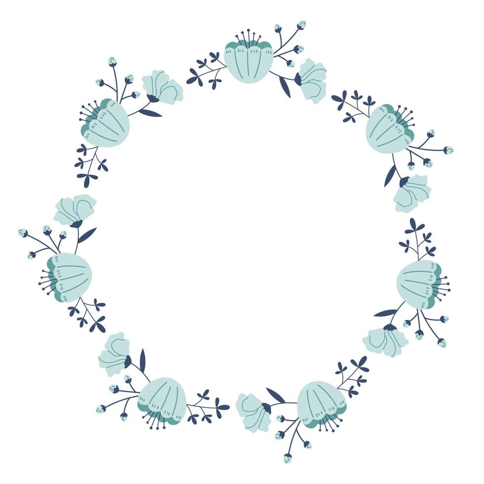 Vector wreath with blue leaves and flowers. Floral frame for celebrations. Flower round border copy space. Romantic design for greeting cards. Text template with spring plants.