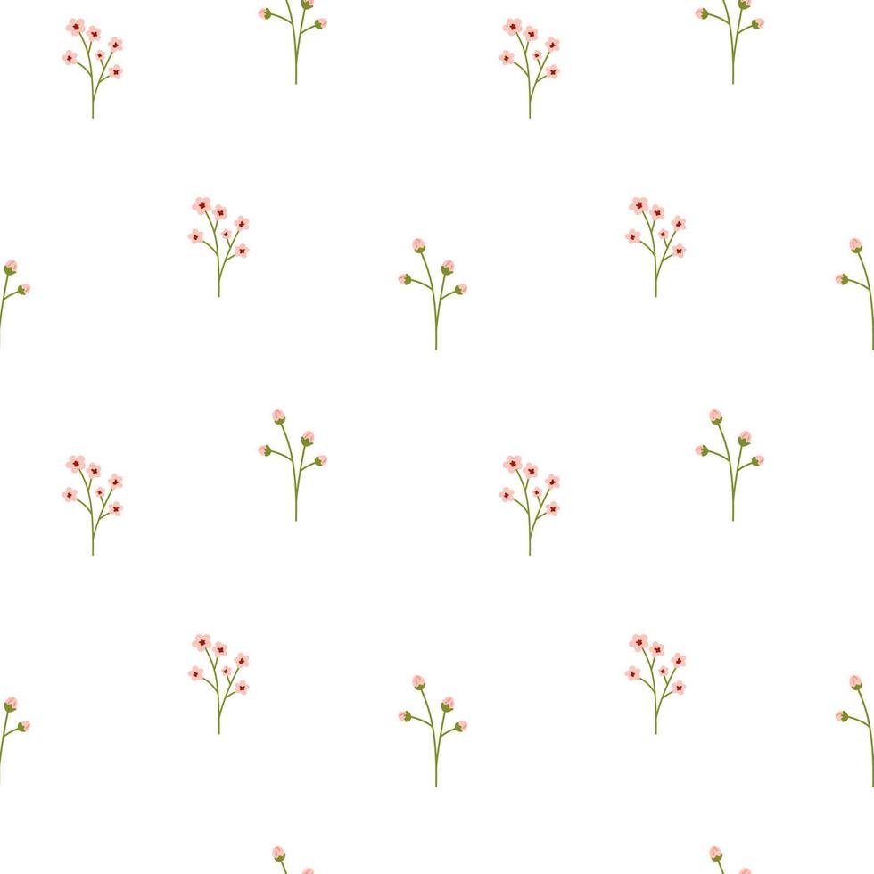 Vector floral seamless pattern. Small pink flowers on white background. Soft botanical illustration in minimalist style. Flowers in flat design.