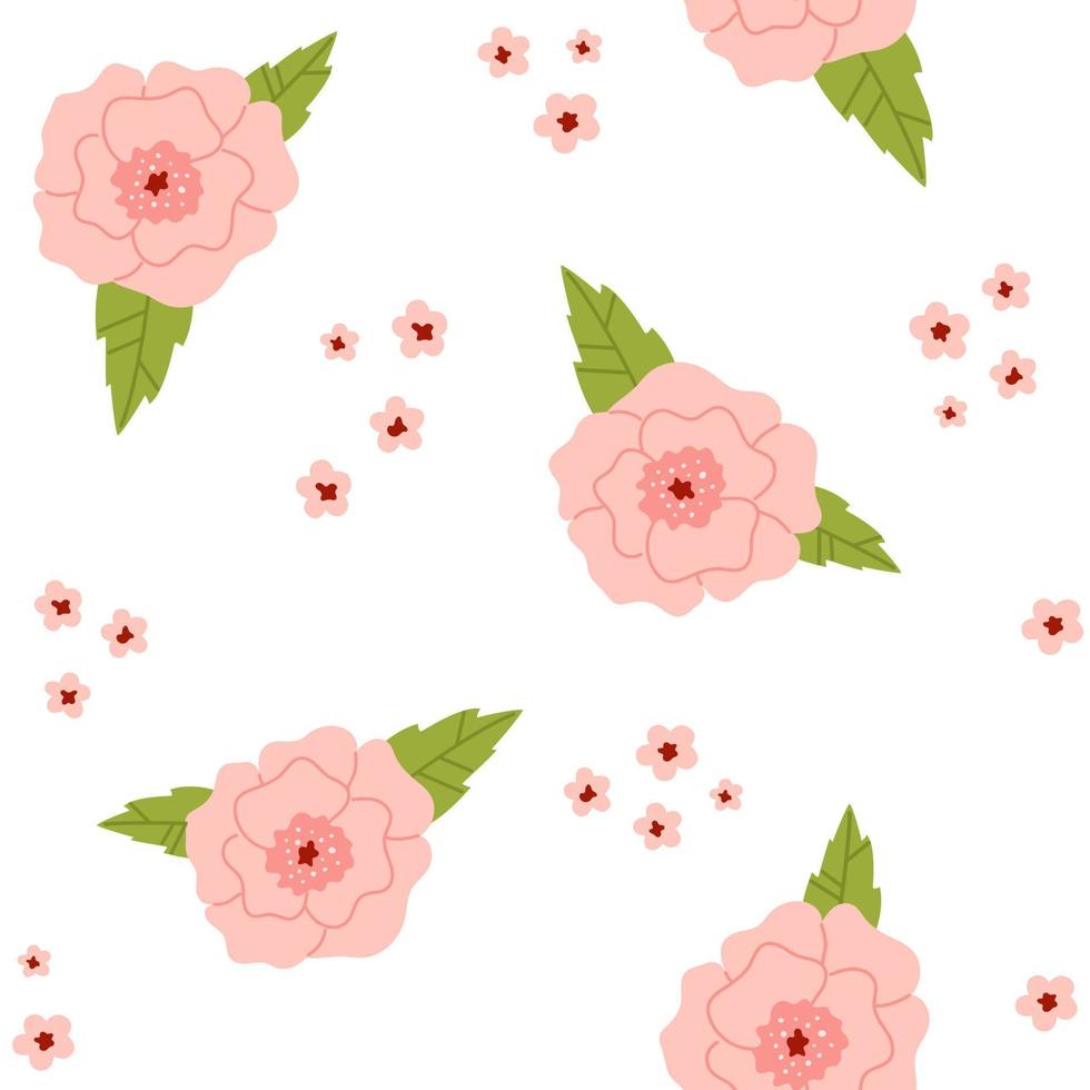 Vector floral seamless pattern. Big and small flowers in petal pink colors on white background. Soft botanical illustration. Flowers in flat design.