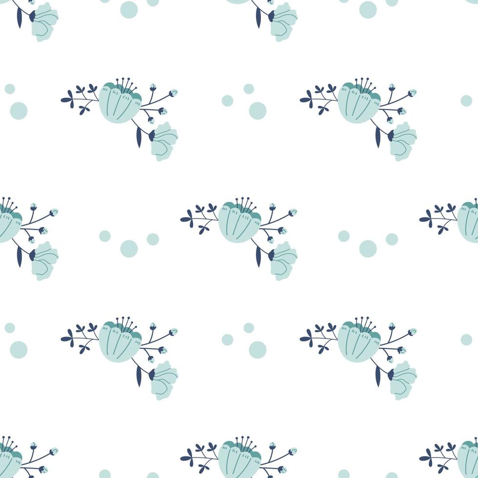 Vector floral seamless pattern with blue flowers and dots. Flowers and buds in blue colors on white background. Spring botanical pattern in flat design.