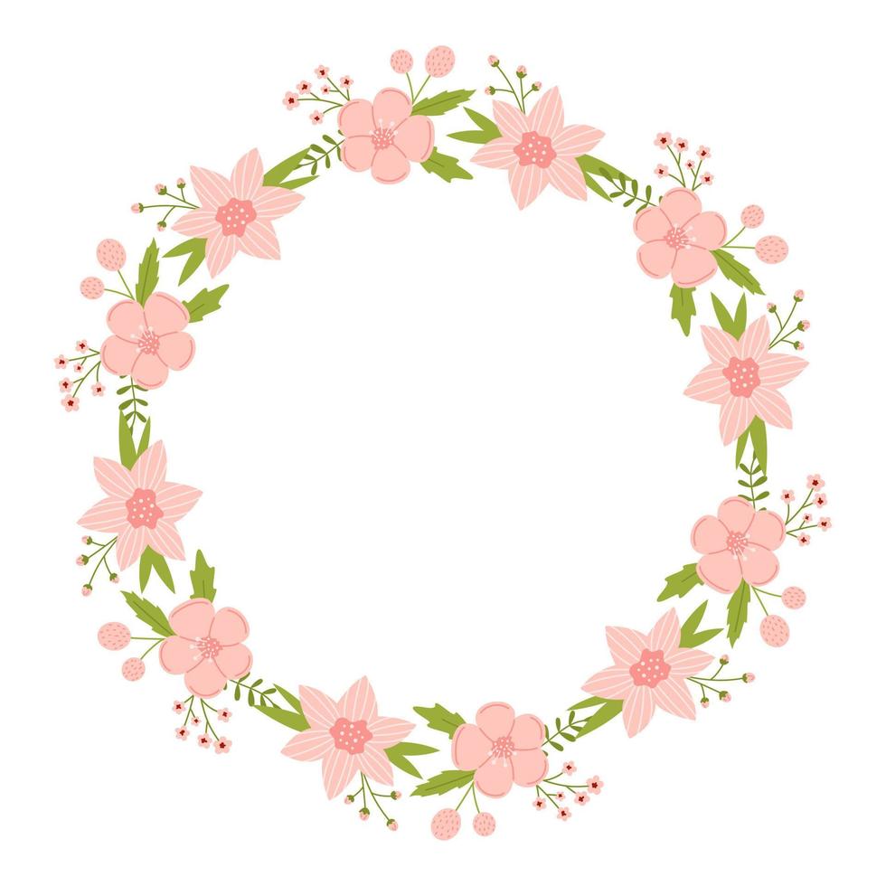 Vector wreath with leaves and pink flowers. Floral frame for wedding. Flower round border copy space. Romantic design for greeting cards and invitations. Elegant text template with striped flowers.