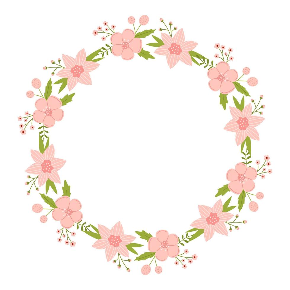 Vector wreath with leaves and pink flowers. Floral frame for wedding. Flower round border copy space. Romantic design for greeting cards and invitations. Elegant text template with striped flowers.