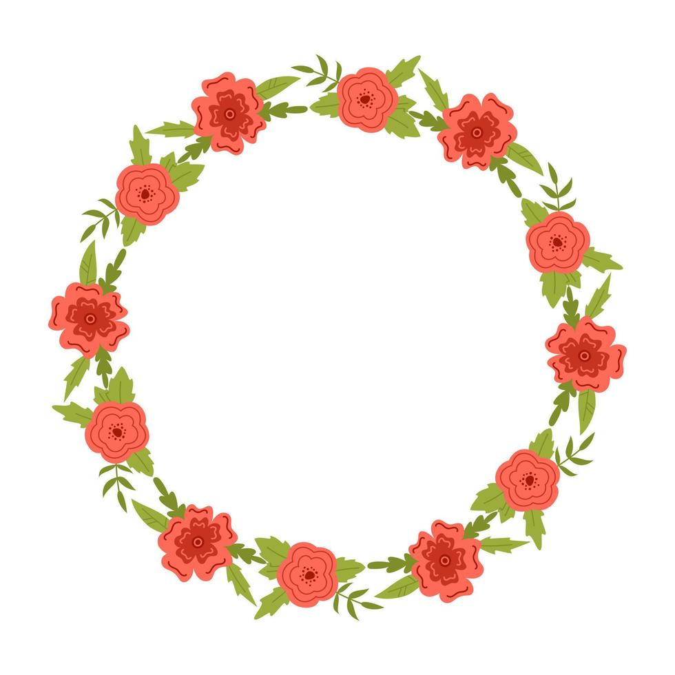 Vector wreath with leaves and red flowers. Floral frame for text. Flower round border copy space. Romantic design for greeting cards and invitations. Elegant text template with blossom flowers.