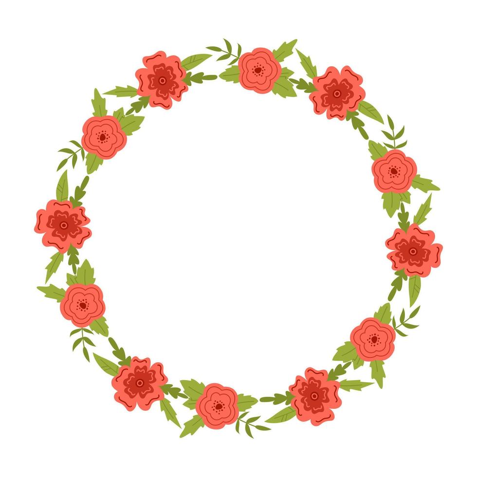 Vector wreath with leaves and red flowers. Floral frame for text. Flower round border copy space. Romantic design for greeting cards and invitations. Elegant text template with blossom flowers.