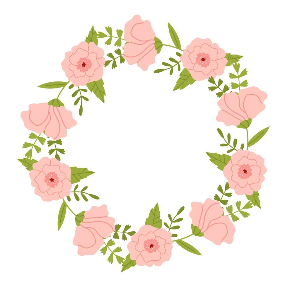 Vector wreath with leaves and pink flowers. Floral frame for wedding or birthday. Flower round border copy space. Romantic design for greeting cards and invitations. Elegant text template.