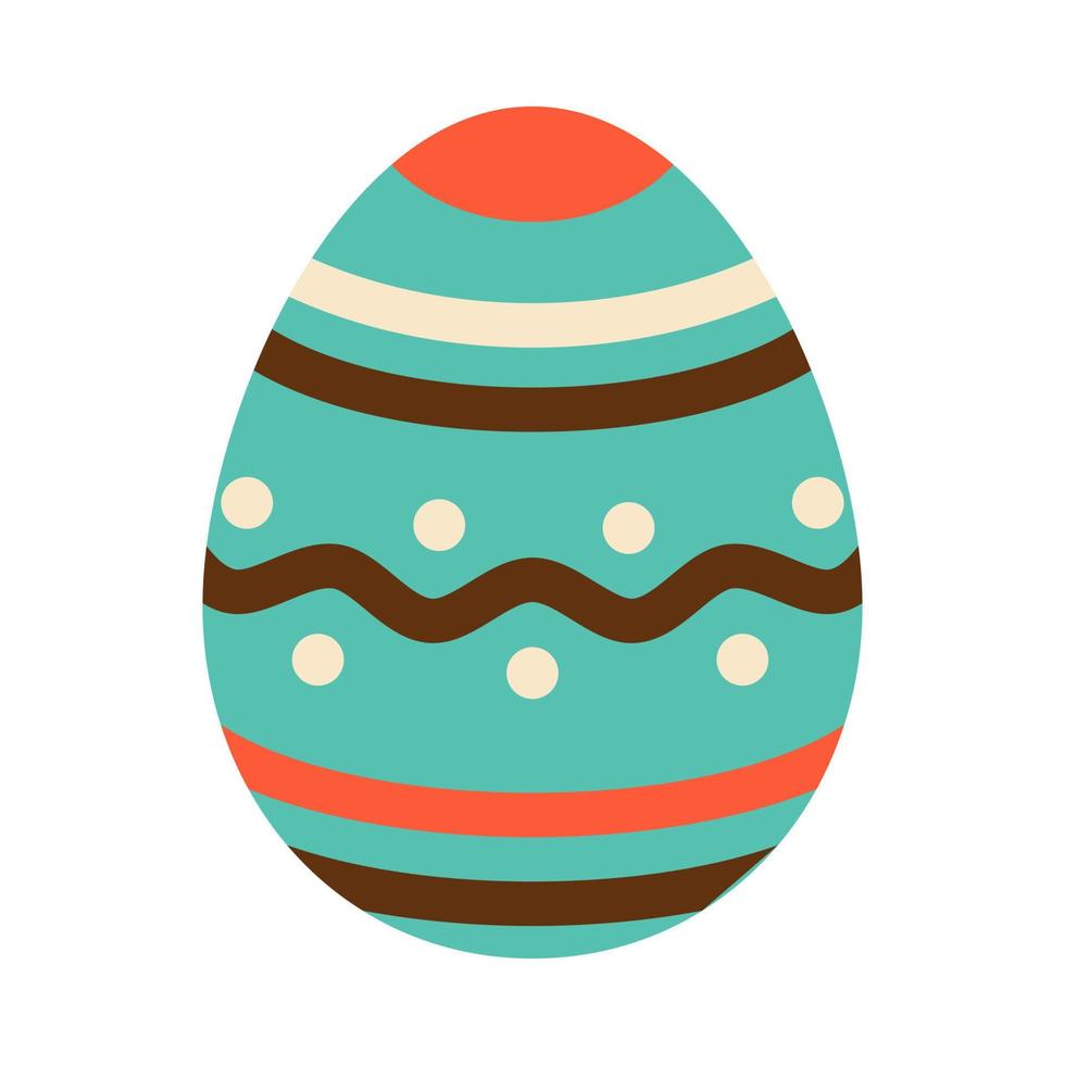 Easter green egg with lines, dots and wave. Egg hunt. Easter tradition. Green egg with brown and red ornament in flat design. vector