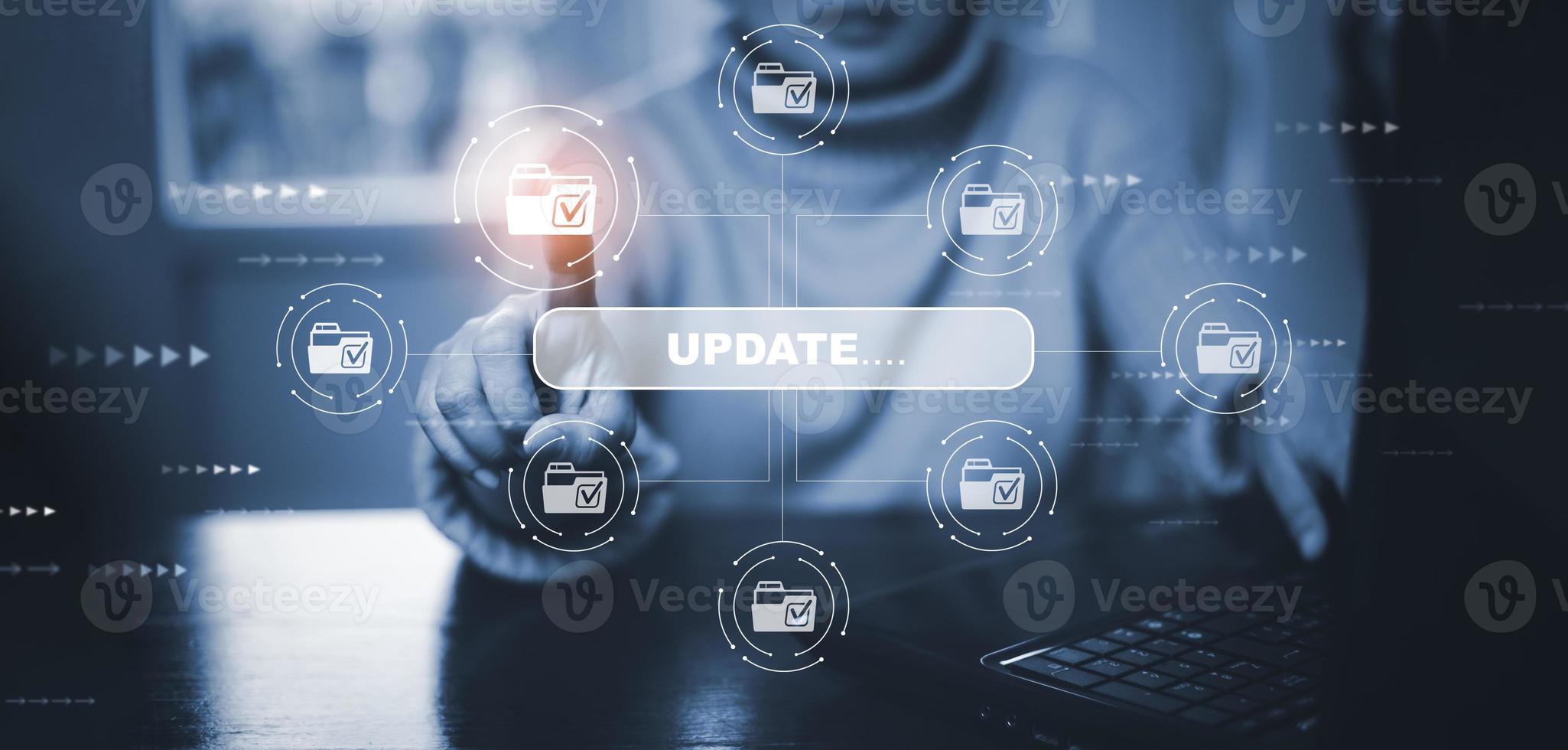 Hand touch bar of Update Software Computer Program Upgrade Business Technology Internet, Update on virtual screen. Internet and technology concept, loading bar with installing the update. photo