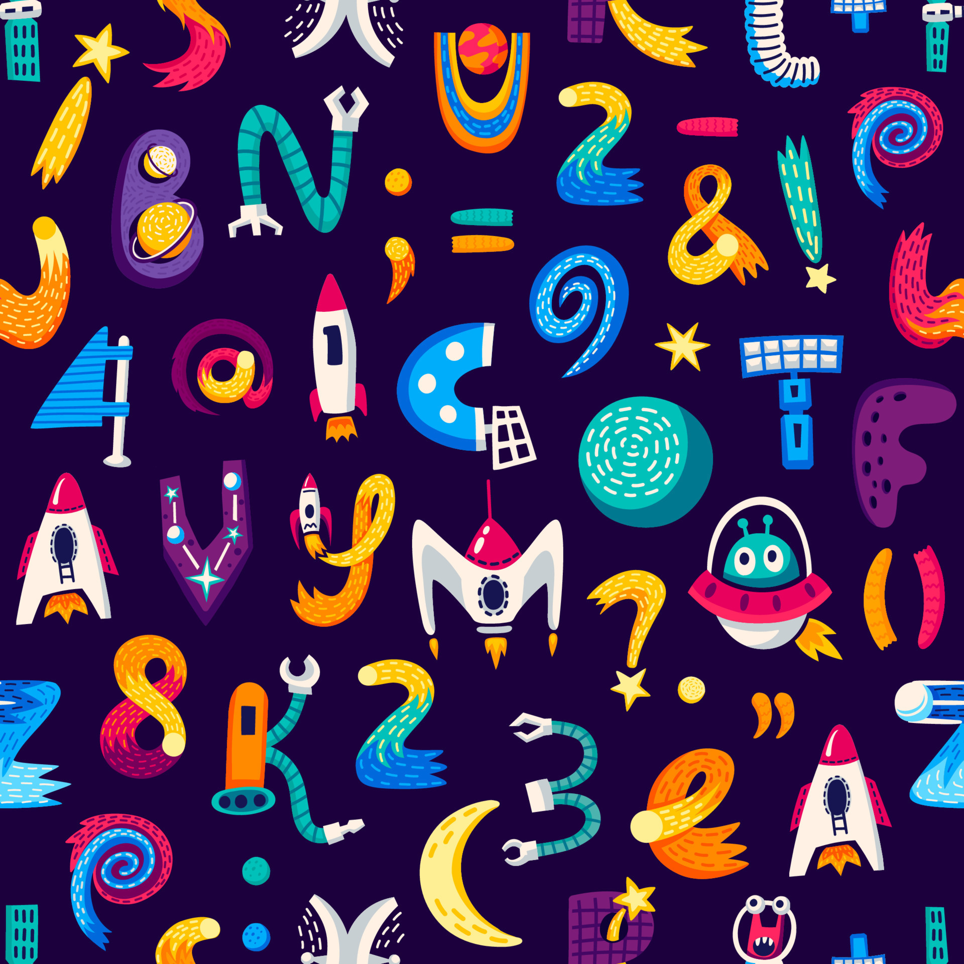 Kids space cartoon letters and numbers pattern 21565081 Vector Art at