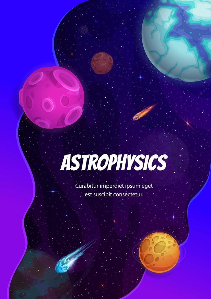 Astrophysics poster with starry galaxy and planets vector