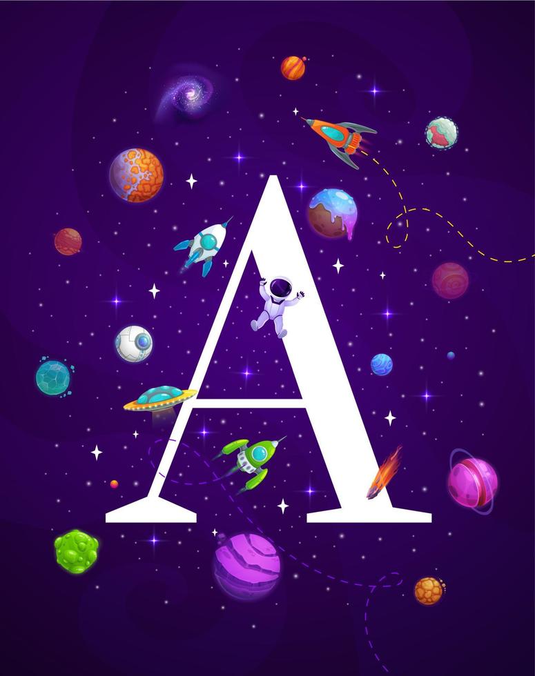 dibujos animados espacio letra un para aprendizaje alfabeto vector