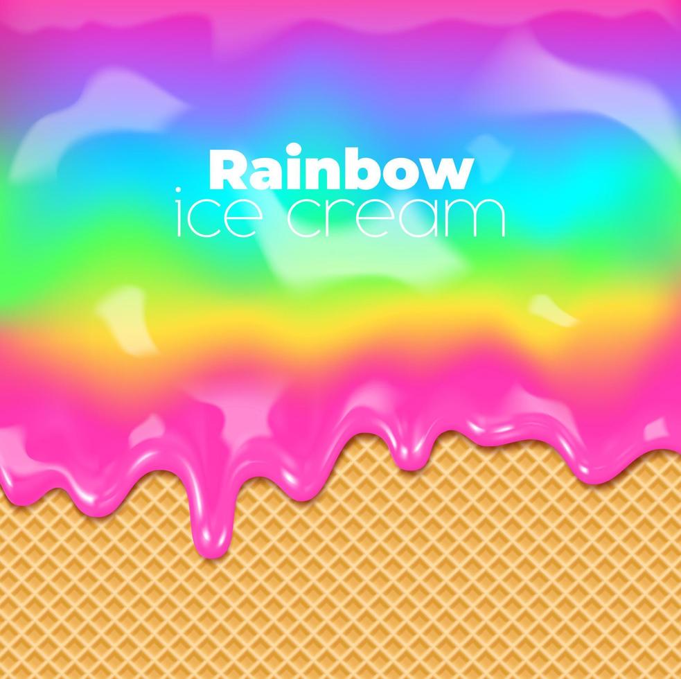 Rainbow sweet drip, ice cream melt flow on waffle vector