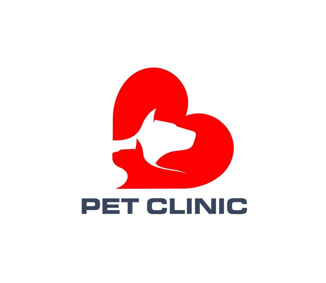 Pet clinic icon, cat and dog animals in red heart vector