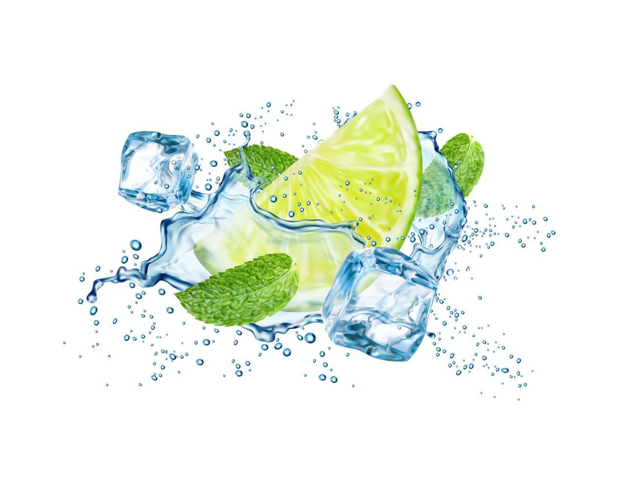 Lime, water splash, ice cubes, mint leaves, mojito vector