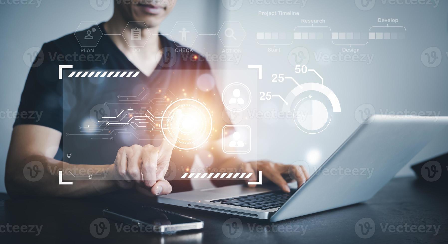 Man touch graph Screen Icon of a media screen, Technology Process System Business with Communication and marketing concept, big data, HR Human, Business success,Document folder icon of data. photo