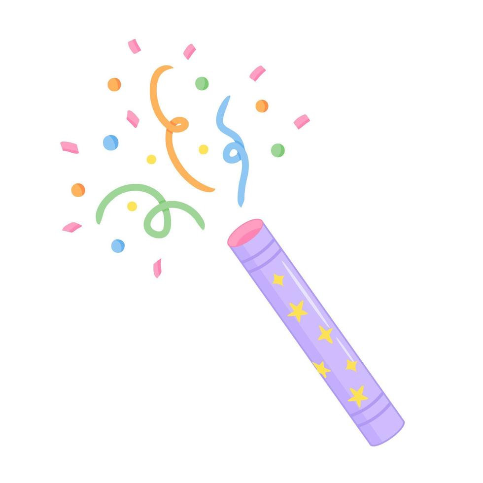 Popper confetti. Party cracker with colorful confetti. Illustration for backgrounds, covers and packaging. Image can be used for greeting card, poster and sticker. Isolated on white background. vector