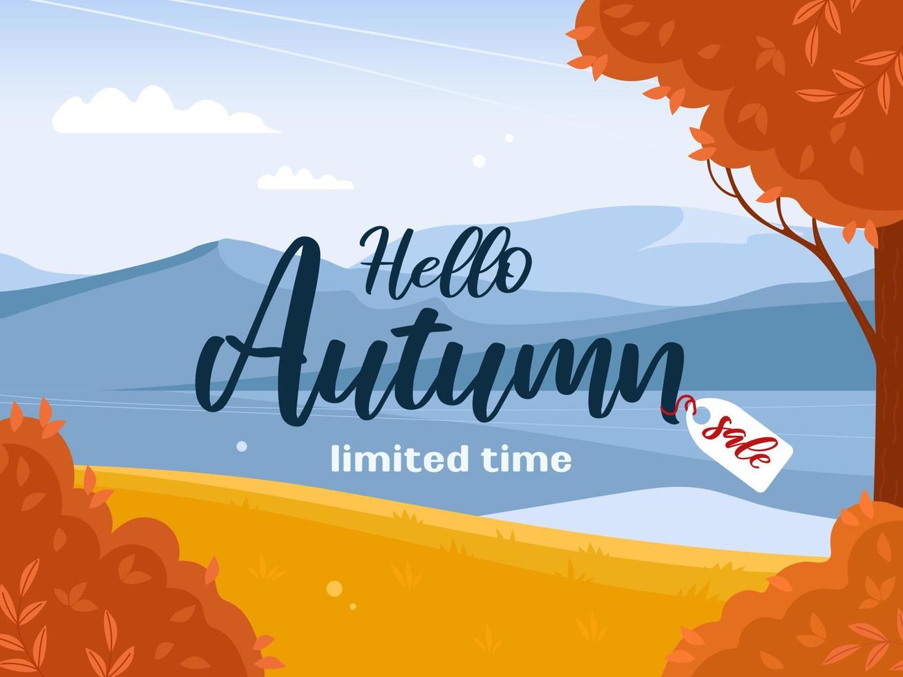 Banner autumn sale. Beautiful bright landscape. Mountains, sky, white clouds. Azure mirror water surface of lake, river sailboat. Vector Illustration for background, website, posters, flyer.