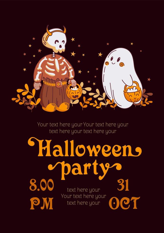 Happy Halloween. Party invitation, cute skeleton and baby ghost in cartoon style. Autumn leaves, stars. Vintage font. For template, poster, cards, banners, flyer vector