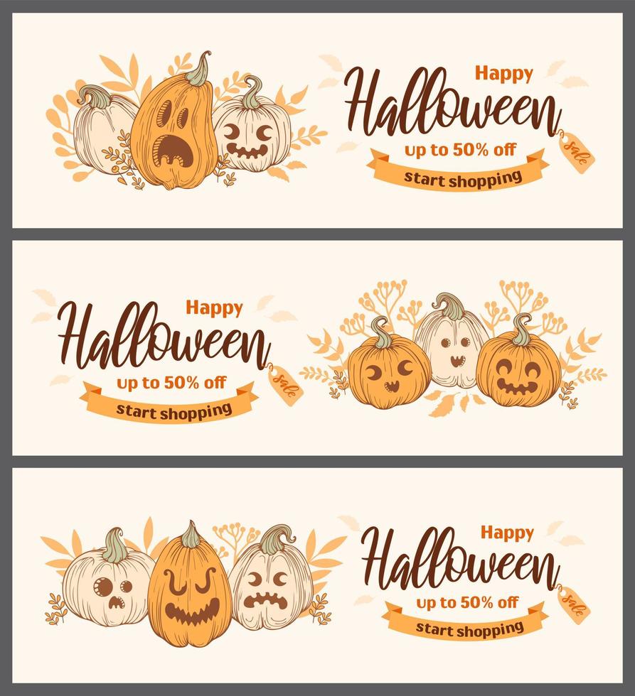 Happy halloween sale. Set bright horizontal banner in sketchy style, vintage earthy tones. Jack o lantern. Pumpkin with angry and frightened faces, autumn leaves. For advertising banner, poster, flyer vector