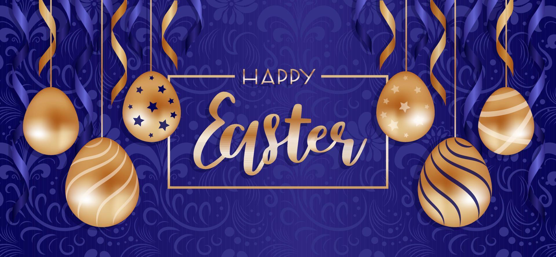 Happy easter. Golden and blue, garland of chocolate eggs and ribbons. Vintage Pattern in Russian style. Khokhloma. Horizontal vector illustration for sale, realistic style. Advertising banner, flyer