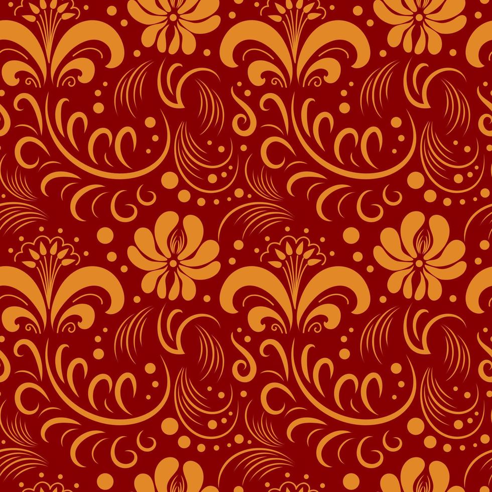 Pattern in Russian style Khokhloma. Traditional botanical folk drawing. Gold on red. Vintage illustration for wallpaper, printing on fabric, wrapping, background. vector