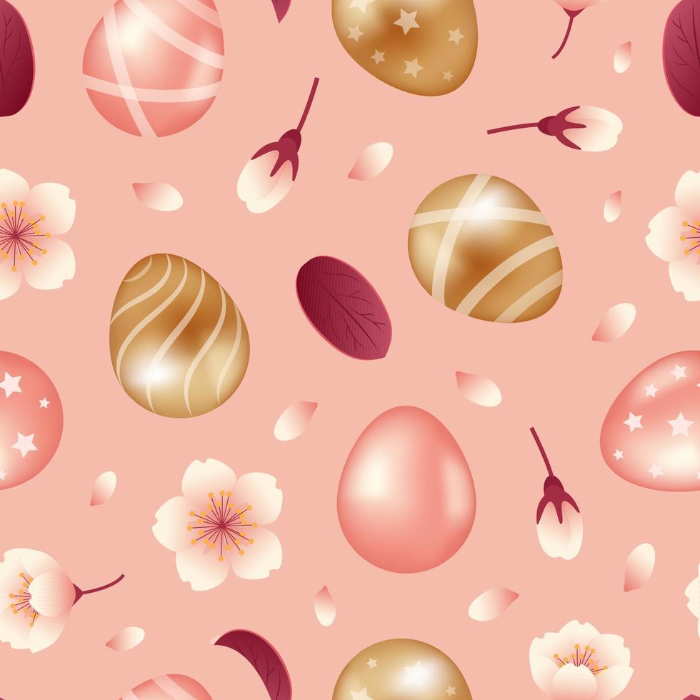 Happy easter. Golden and pink chocolate eggs with stars and stripes. Apple or cherry flowers. Seamless pattern. Vector illustration in realistic style. For wallpaper, fabric, wrapping, background.