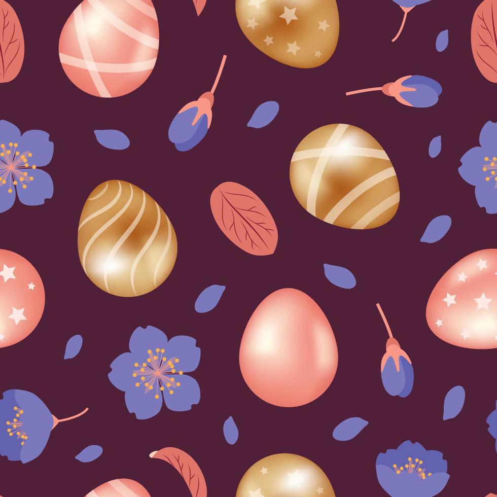 happy easter. Golden and pink chocolate eggs with stars and stripes. Spring flowers, forget-me-nots. Seamless pattern. illustration in realistic style. For wallpaper, fabric, wrapping, background. vector