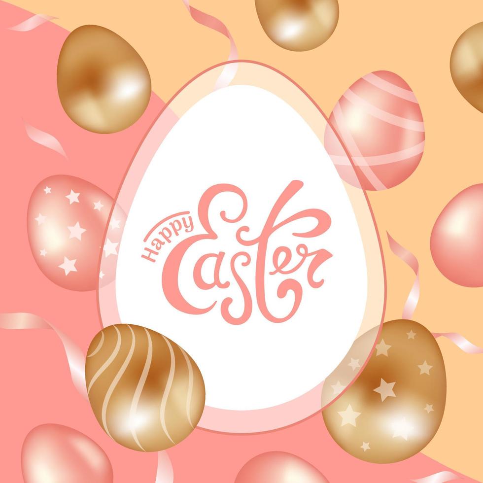 Happy easter. Golden and pink chocolate eggs. Pattern in the form of stars, stripes. Vintage lettering. Vector, realistic style. For posters, postcards, advertising banner, website, sale flyer. vector