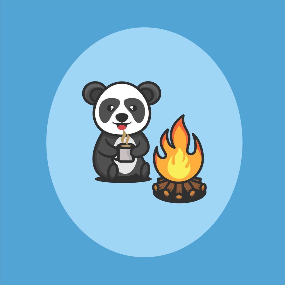 Cute panda sitting drinking coffee vector