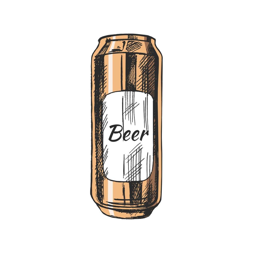 Hand-drawn sketch of beer can isolated on white background. Vector vintage engraved illustration.