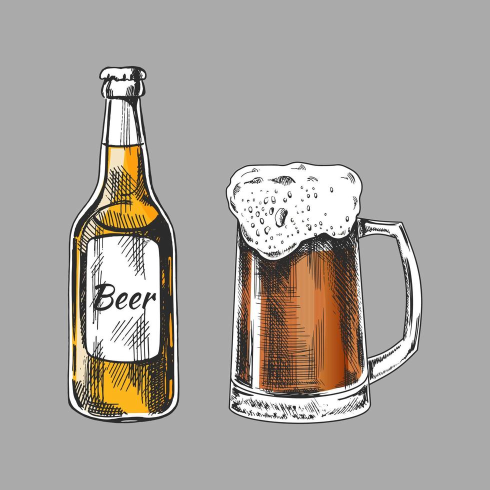 dibujado a mano bosquejo de cerveza jarra y cerveza botella aislado en blanco antecedentes. vector Clásico grabado ilustración.
