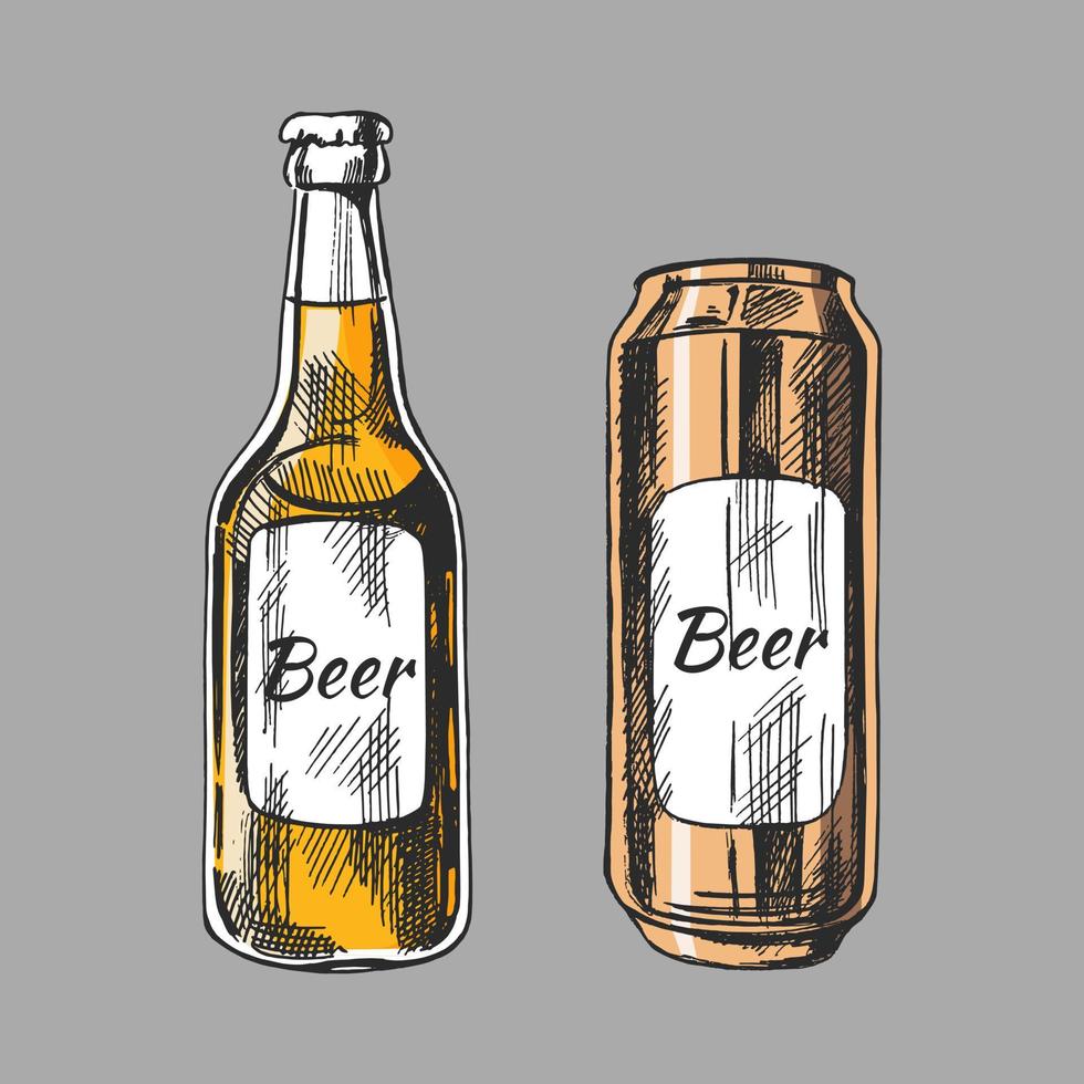 Hand-drawn sketch of beer can and bottle isolated on white background. Vector vintage engraved illustration