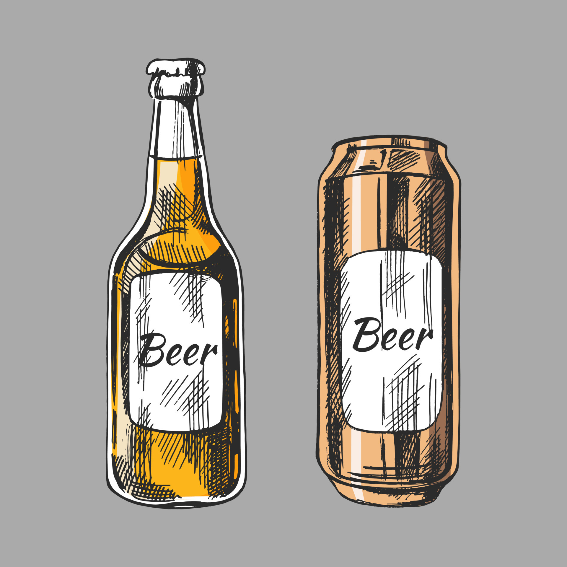 Handdrawn sketch of beer can and bottle isolated on white background