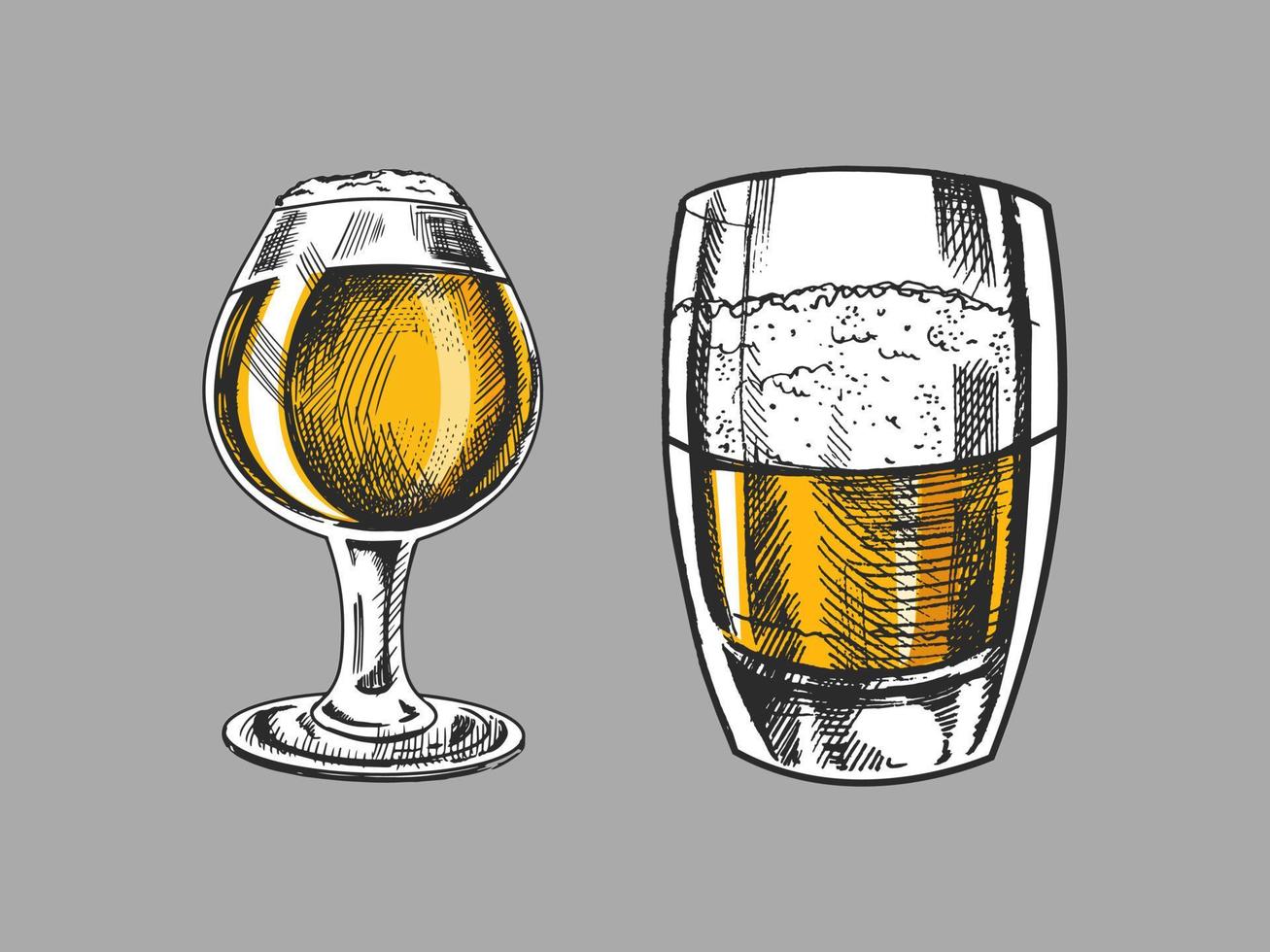 Hand-drawn sketch of beer mug and glass of beer isolated on white background. Vector vintage engraved illustration.