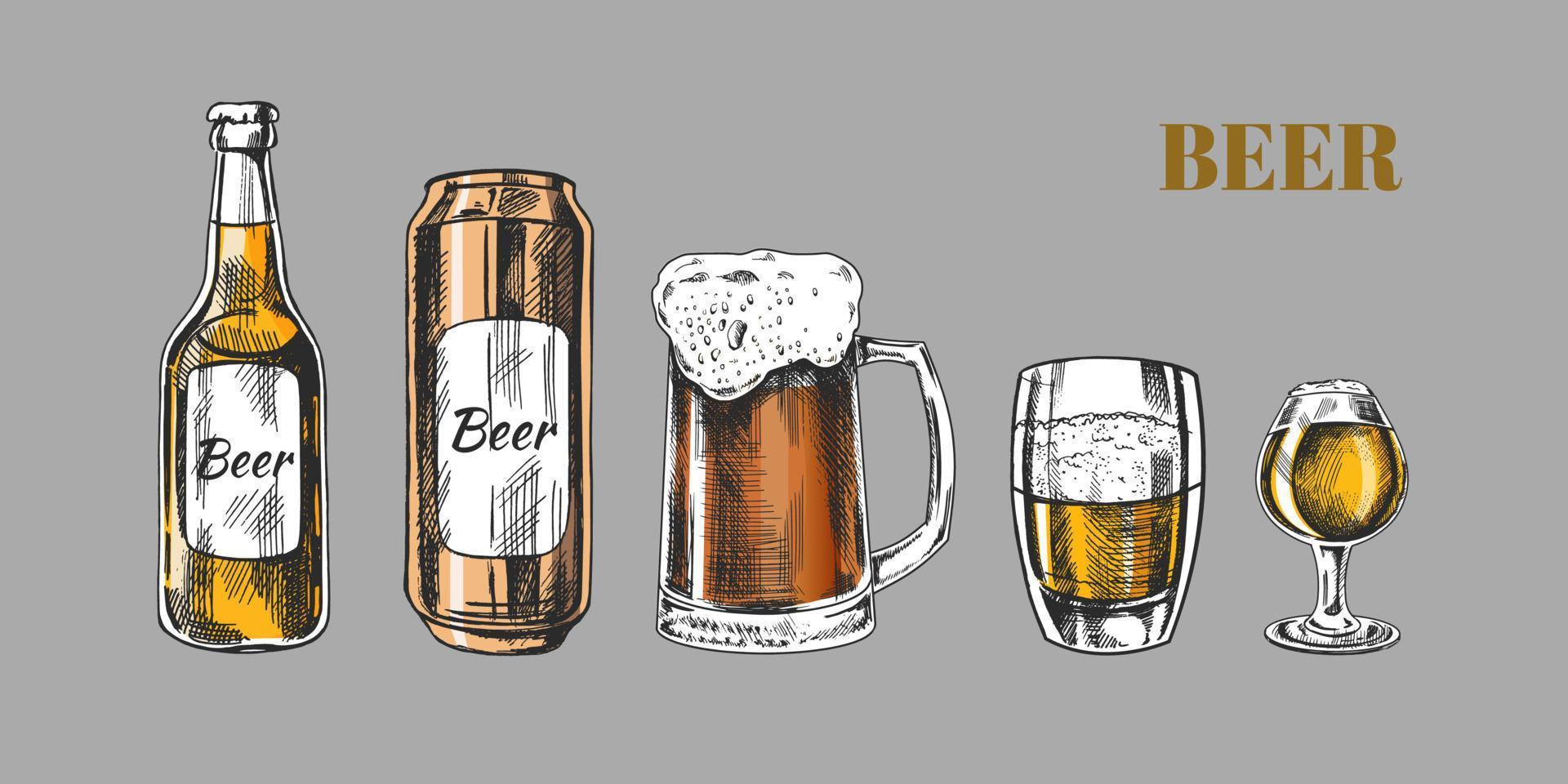 Hand-drawn sketch of beer can, beer bottle, beer glasses and beer mug isolated on white background. Vector vintage engraved illustration