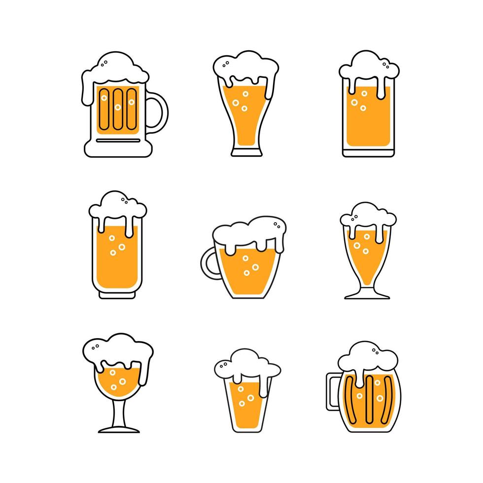 Cute beer glasses and mugs colored  icon isolated on white background. Beer Symbol. Vector Design Illustration. Outline style.