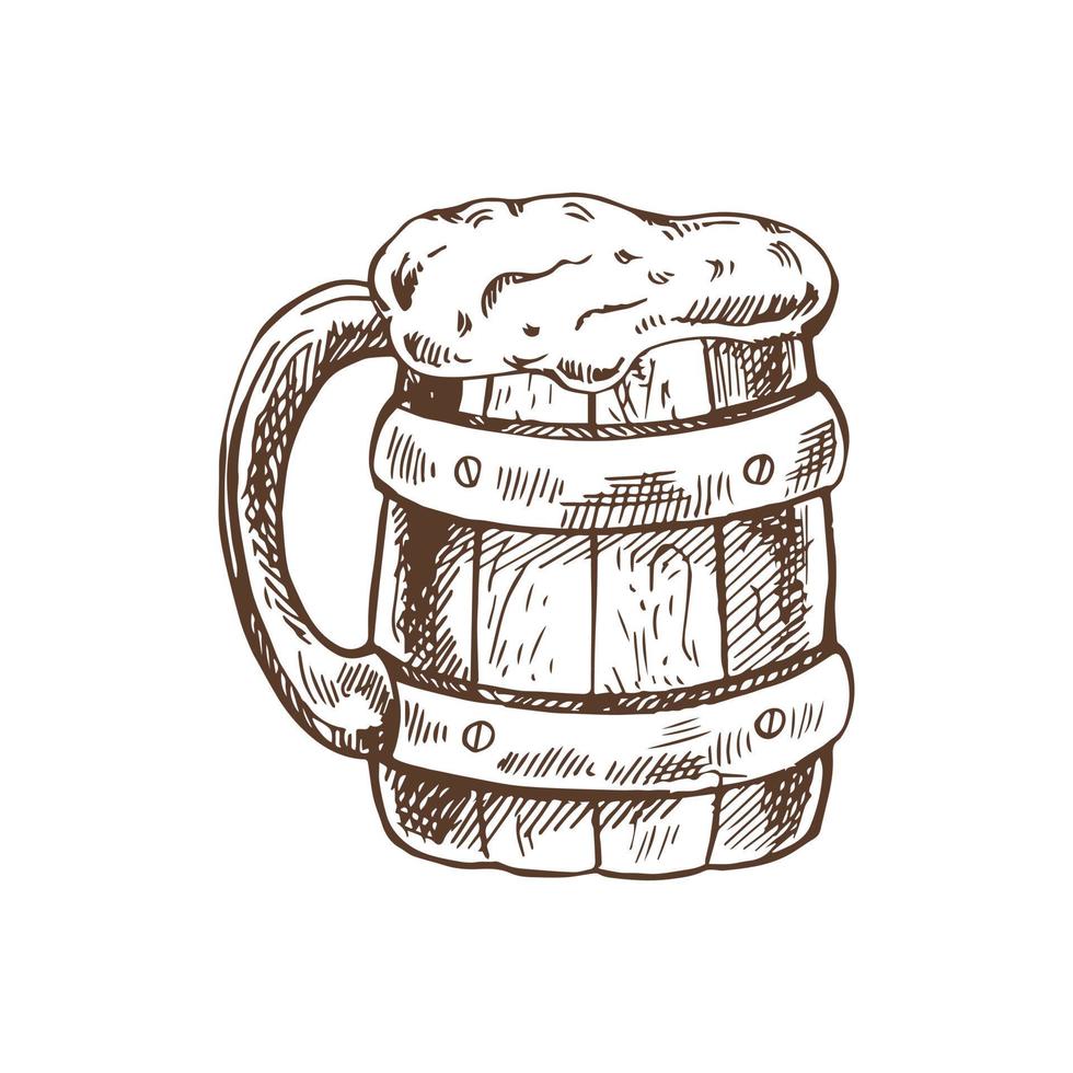 Hand-drawn sketch of beer wooden mug isolated on white background. Vector vintage engraved illustration.