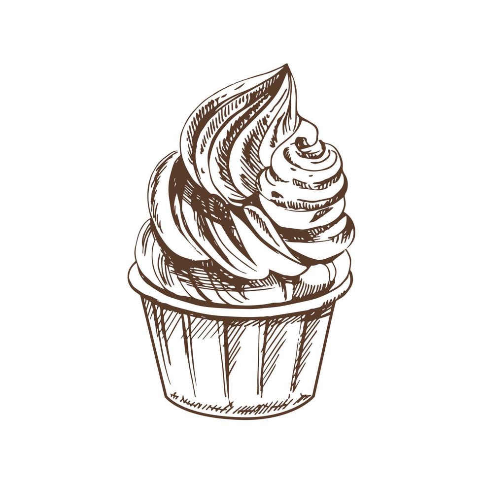 A hand-drawn sketch of  frozen yogurt or soft ice cream, cupcake in a cup. Vintage illustration. Element for the design of labels, packaging and postcards. vector