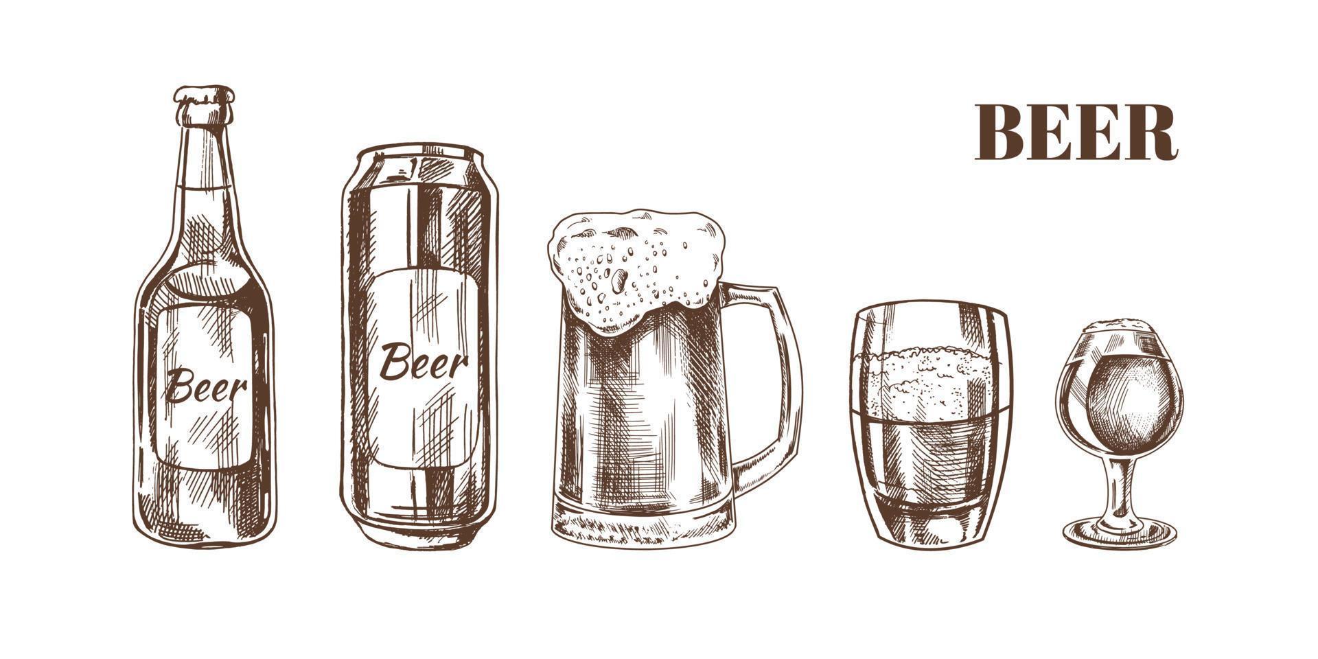 Hand-drawn sketch of beer can, beer bottle, beer glasses and beer mug isolated on white background. Vector vintage engraved illustration