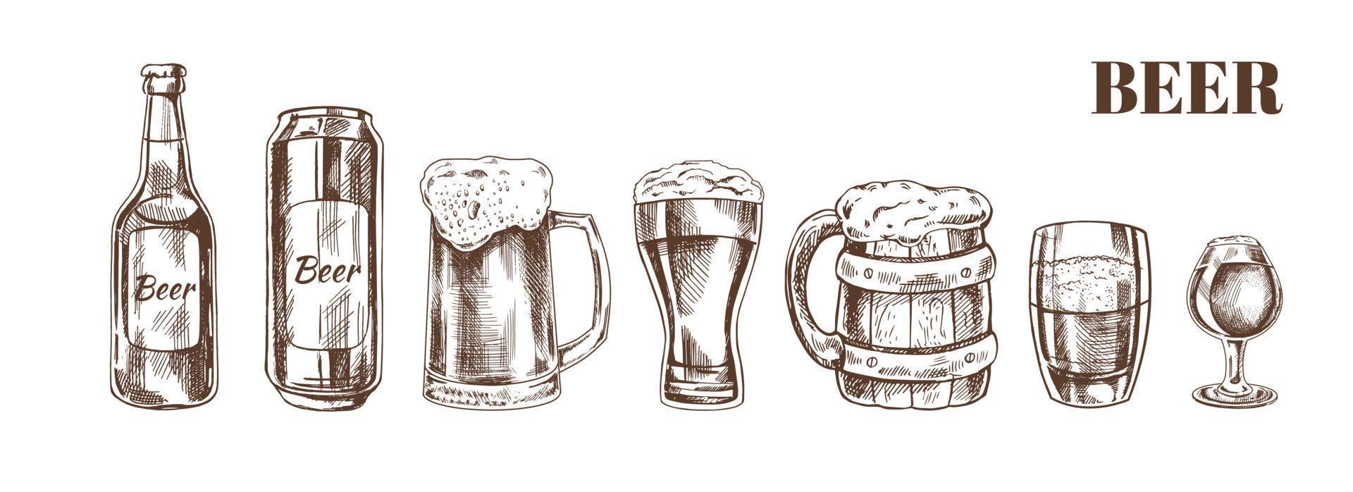 Hand-drawn sketch of beer can, beer bottle, beer glasses and beer glass and wooden mugs isolated on white background. Vector vintage engraved illustration