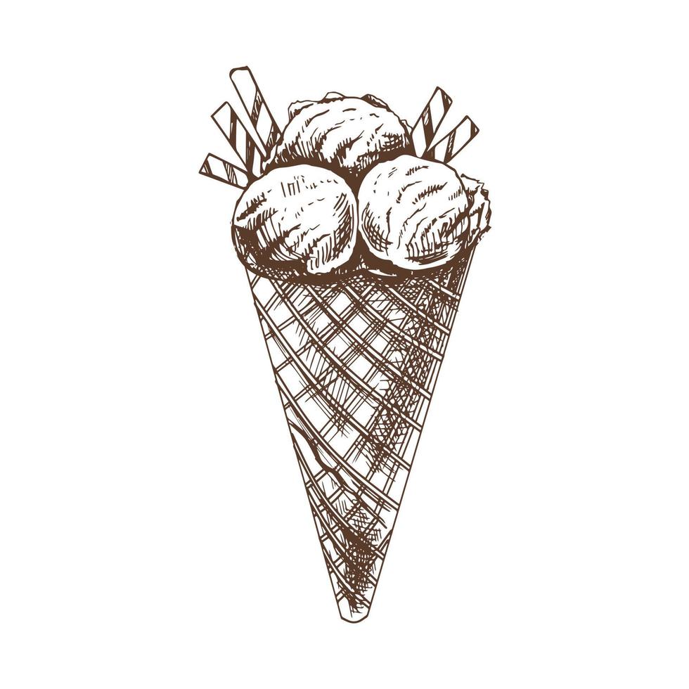 A hand-drawn sketch of a waffle cone with ice cream. Vintage illustration. Element for the design of labels, packaging and postcards. vector