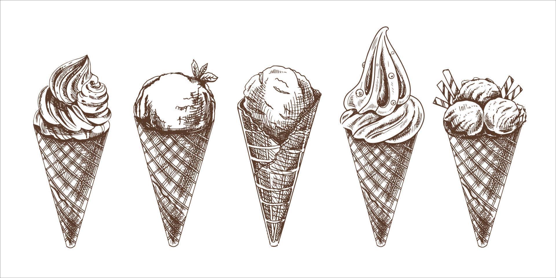A hand-drawn sketch of a waffle cones with ice cream or frozen yoghurt. Vintage illustration. Set. Element for the design of labels, packaging and postcards. vector
