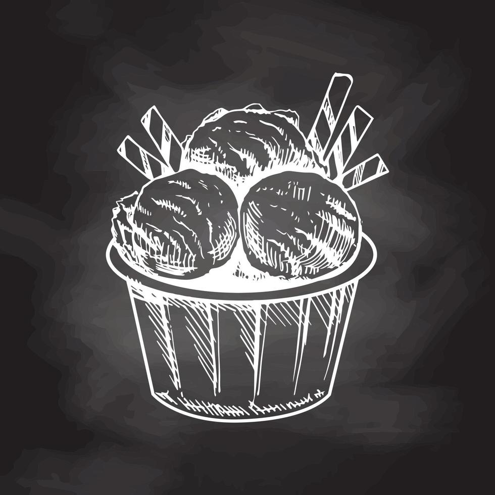 Hand-drawn sketch of an ice cream balls in a cup  isolated on chalkboard background, white drawing. Vector vintage engraved illustration.