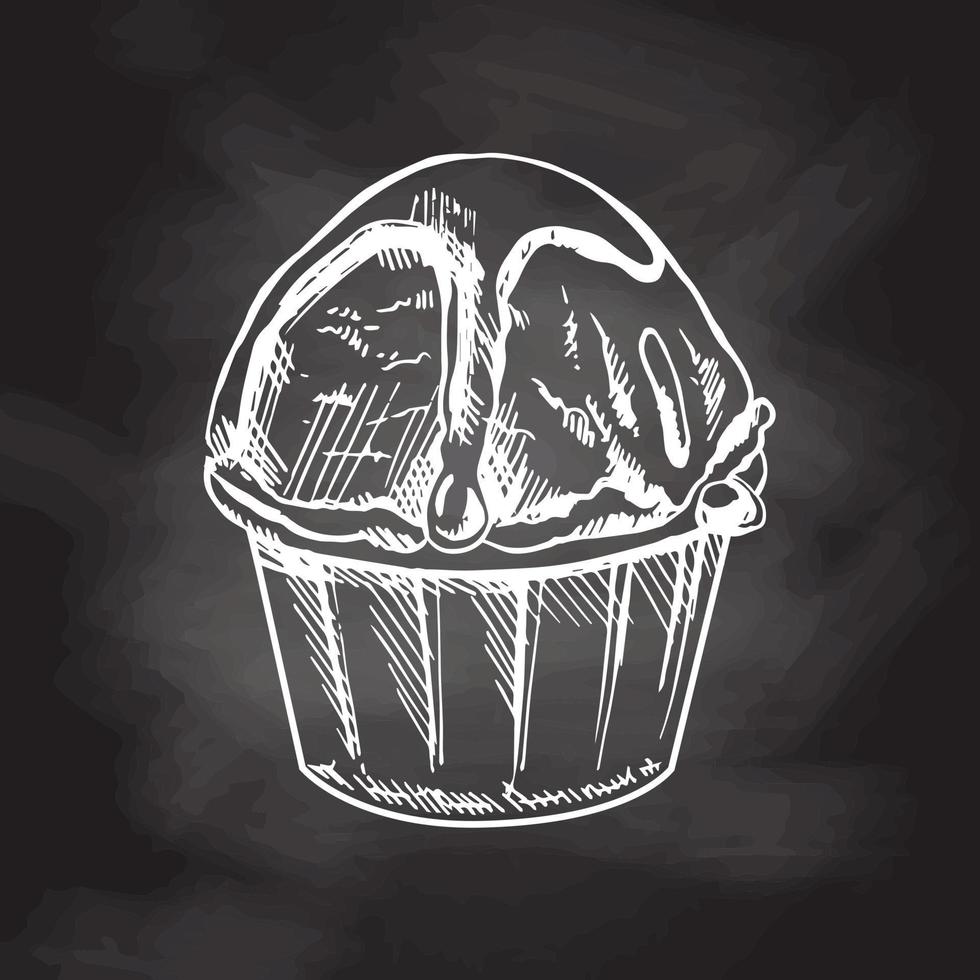 Hand-drawn sketch of an ice cream, cupcake with chocolate sauce in a cup isolated on chalkboard background, white drawing. Vector vintage engraved illustration.