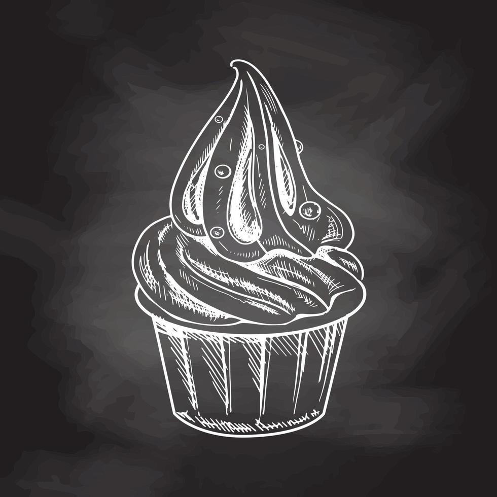 Hand-drawn sketch of frozen yogurt or soft ice cream in a cup  isolated on chalkboard background, white drawing. Vector vintage engraved illustration.