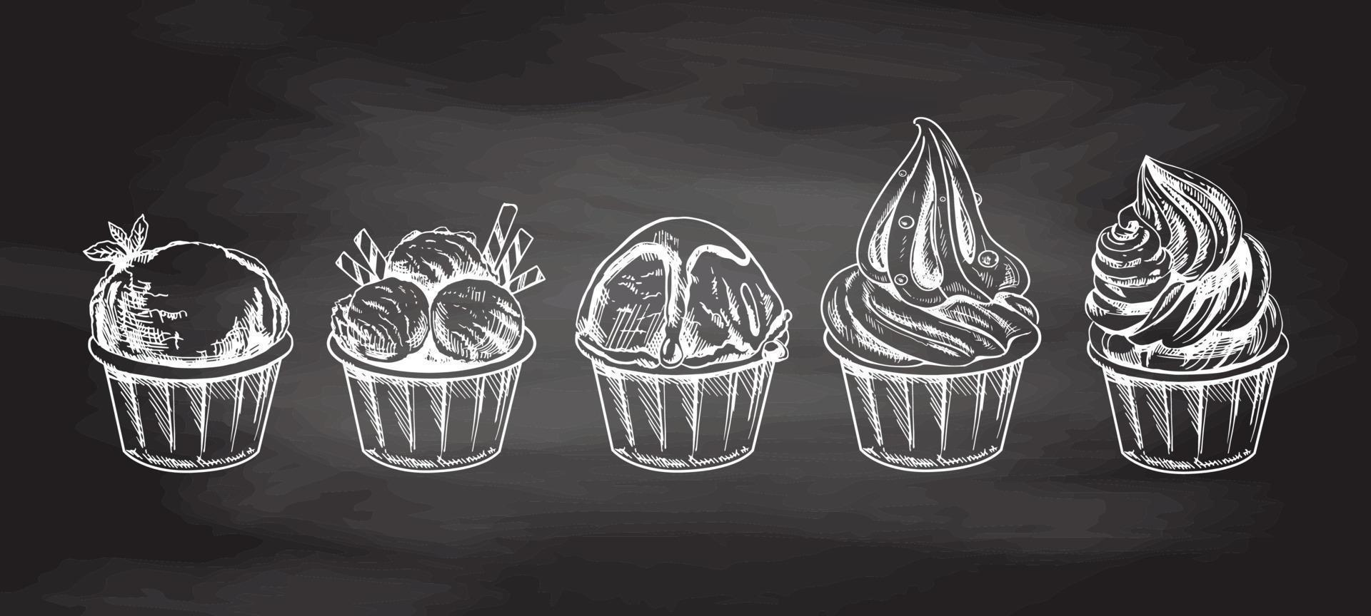 Hand-drawn sketch of ice cream balls, frozen yoghurt or cupcakes in cups isolated on chalkboard background, white drawing. Set. Vector vintage engraved illustration.