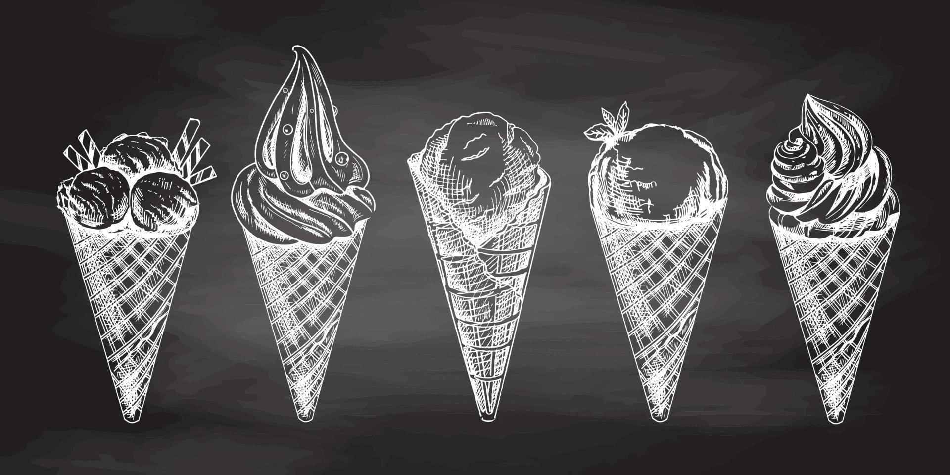 Hand-drawn sketch of waffle cones with ice cream or frozen yoghurt isolated on chalkboard background, white drawing. Set. Vector vintage engraved illustration.