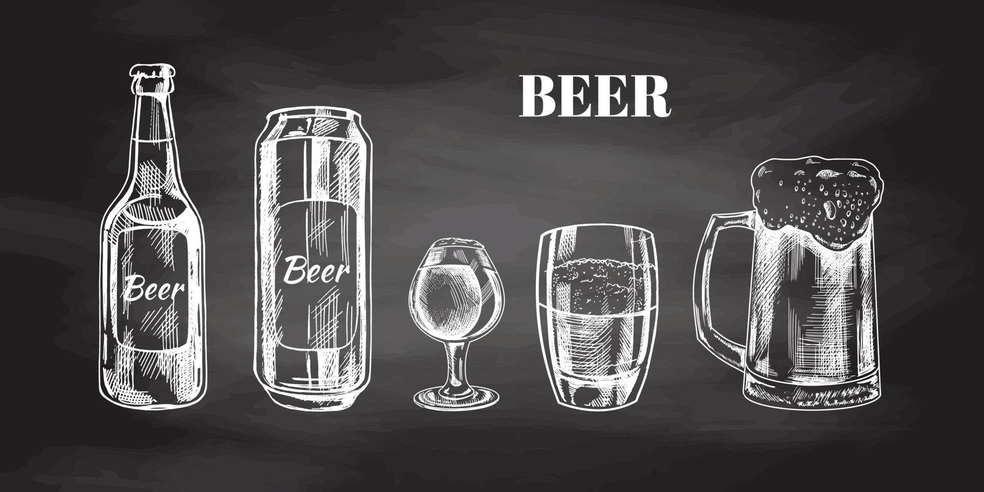 Hand-drawn sketch of beer can, beer bottle, beer glasses and beer mug  isolated on chalkboard background, white drawing. Set. Vector vintage engraved illustration.